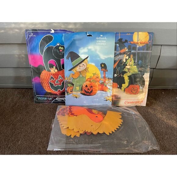 Vintage Hallmark Honeycomb Centerpiece Lot CAT WITCH SCARECROW TURKEY - Picture 2 of 11